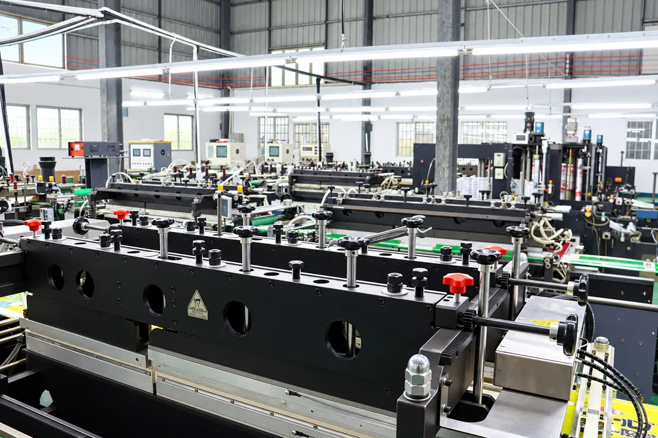 Bag making equipment arranged across a production workshop