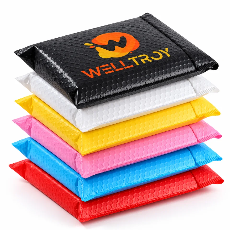 Stack of colored bubble mailers with Welltroy branding on the black mailer