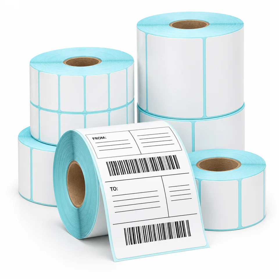 Rolls of shipping labels with blue backing and a printed address and barcode example