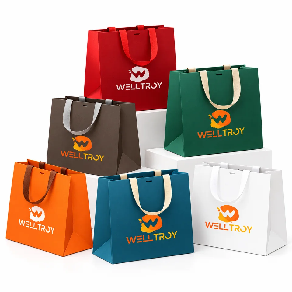 Welltroy-branded paper gift bags in six colors with ribbon handles